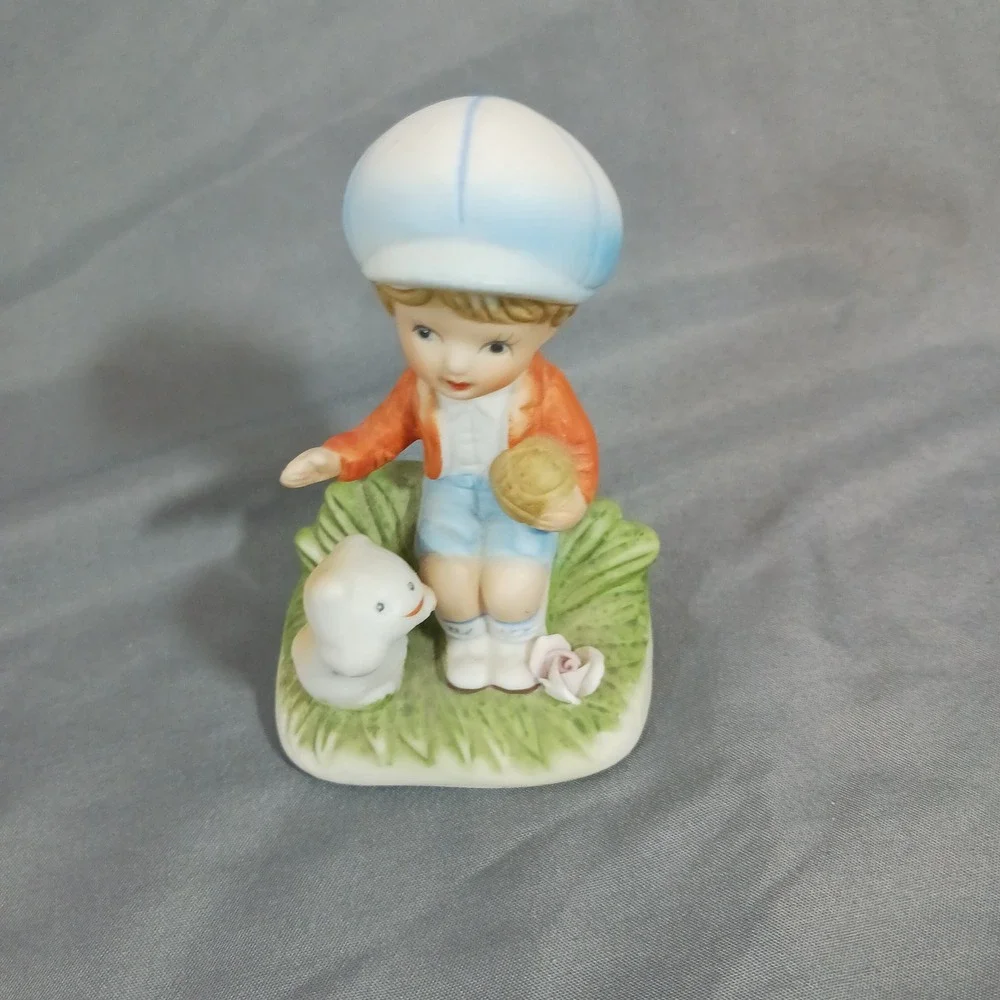 Porcelain Figurine Boy with Dog Small Multicolor Excellent Vintage Style